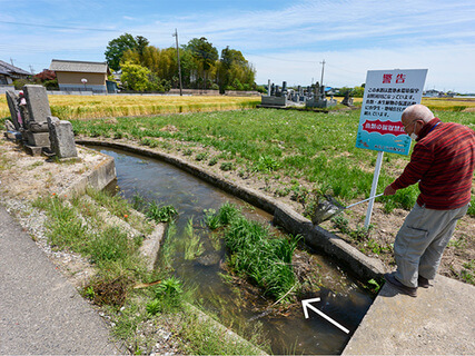 かつて農耕馬を洗うためにつくった「馬洗い場」の名残がある排水路（底は土）
