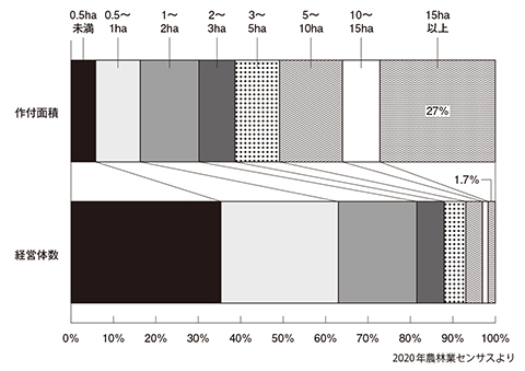 図2 水稲の作付規模別作付面積と経営体数の割合